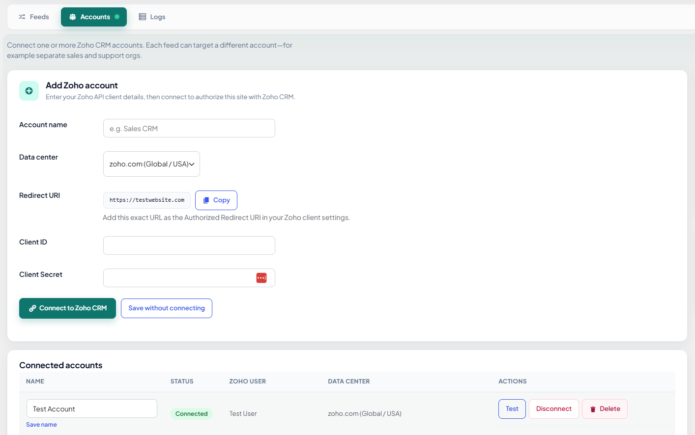 Zoho CRM account connections