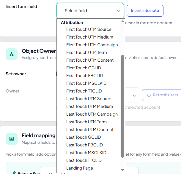 Campaign and attribution fields mapped to Zoho