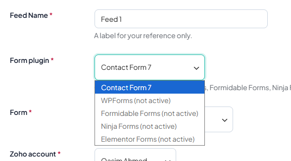 Choosing a form plugin and form for a feed