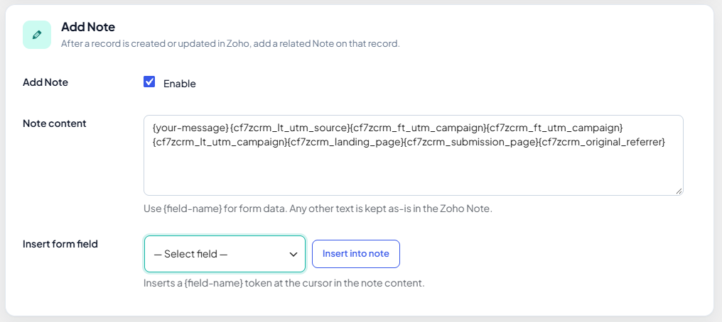 CRM note template and record owner settings