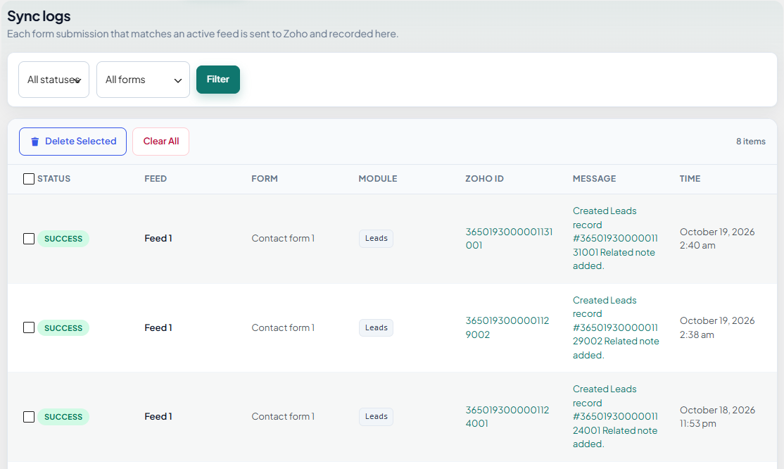Sync log in WordPress admin